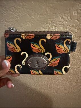 Fossil Black Coin Pouch with Multicolor Swan Print